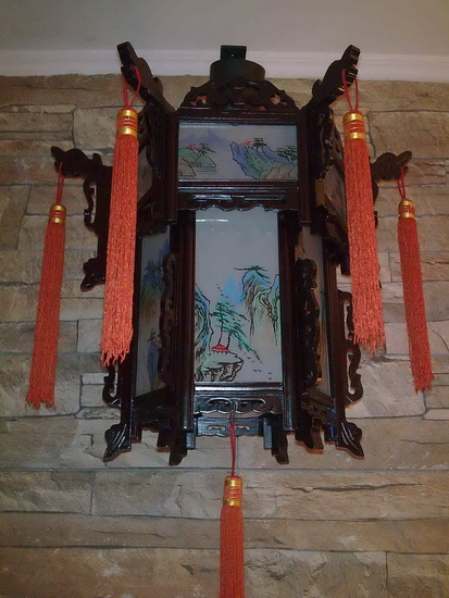 Китайский фонарь подвесной двухъярусный шестигранный с живописью и решётками. d400, h400 (мм). Артикул К2-Д6-ЖР