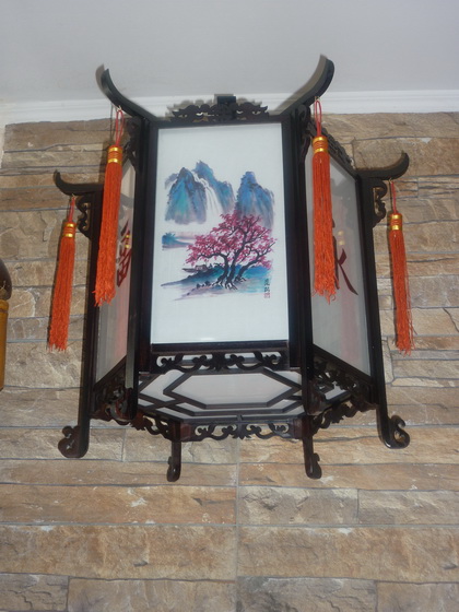 Китайский фонарь подвесной шестигранный с живописью. Артикул К2-06-Ж. d450, h430 (мм)