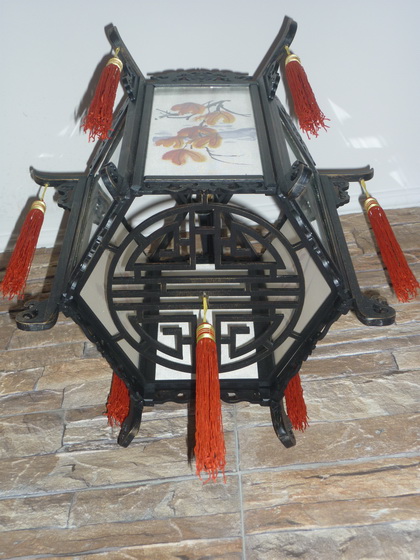 Китайский фонарь подвесной шестигранный с живописью и решёткой. d500, h500 (мм). Артикул К2-06-Р